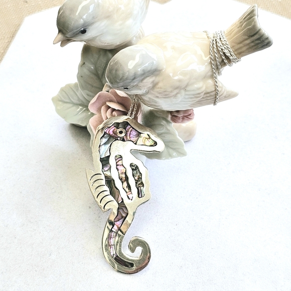 925 Alpaca Mexico Abalone Inlay Vintage Seahorse Pendant/Brooch Necklace - Picture 7 of 13